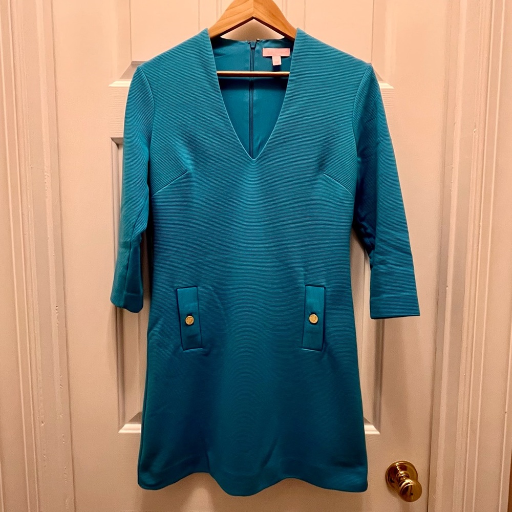 Lilly Pulitzer Long Sleeve Dress Turquoise w/ Gold Detail Size Small